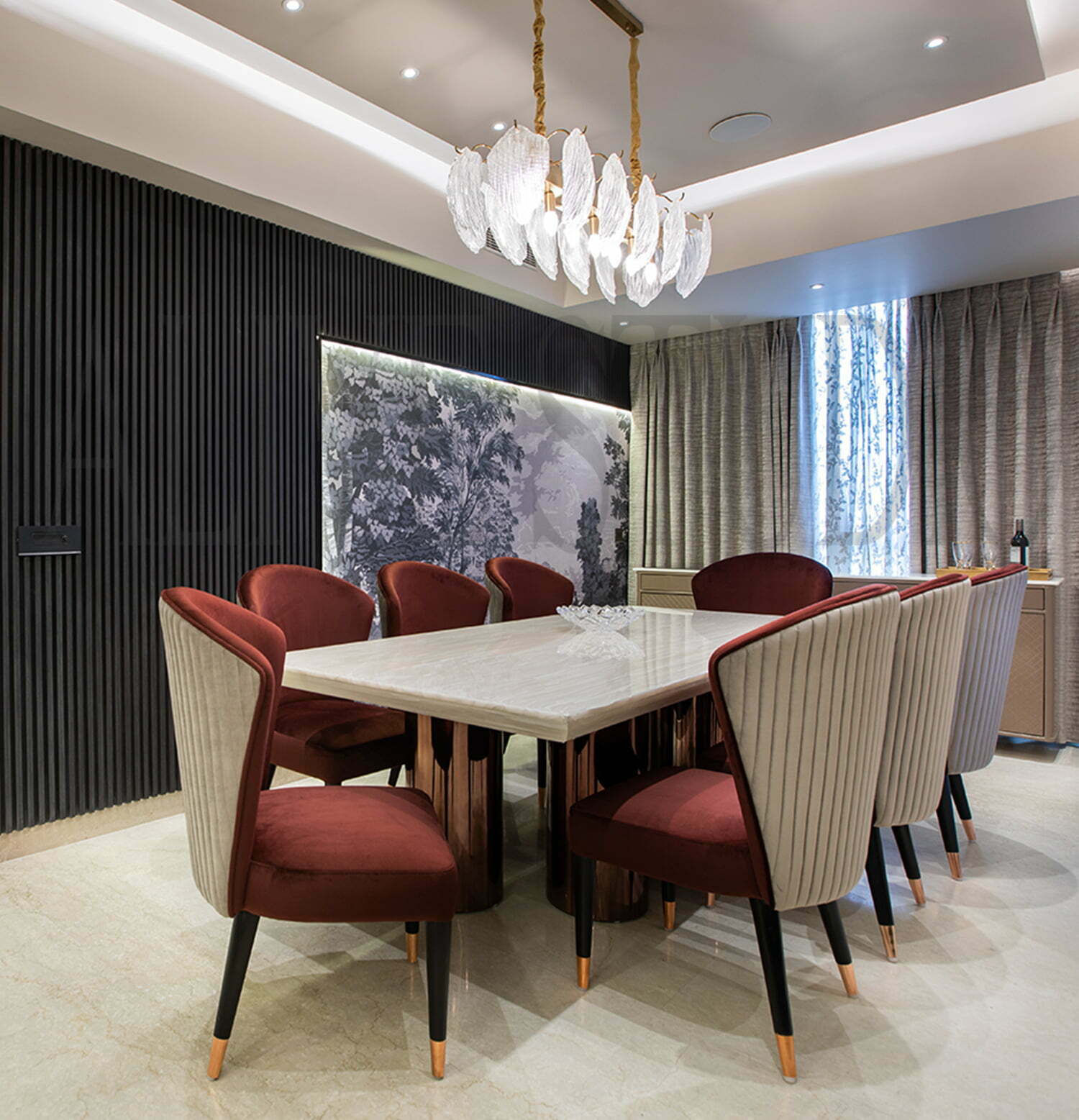M3M dining room with red customized chairs